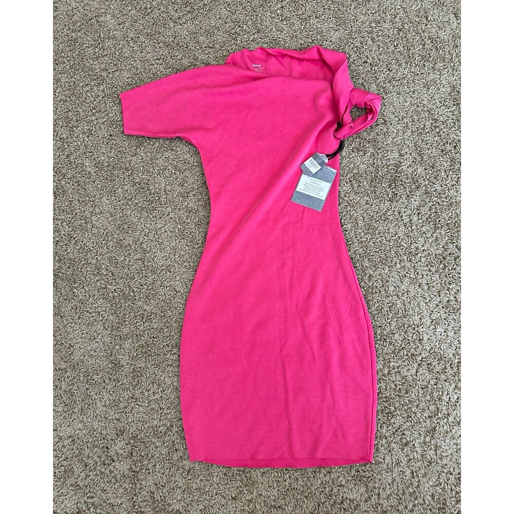 khy Pink Bodycon Turtleneck Short Sleeve Knit Knee-Length Dress Logo Sz S